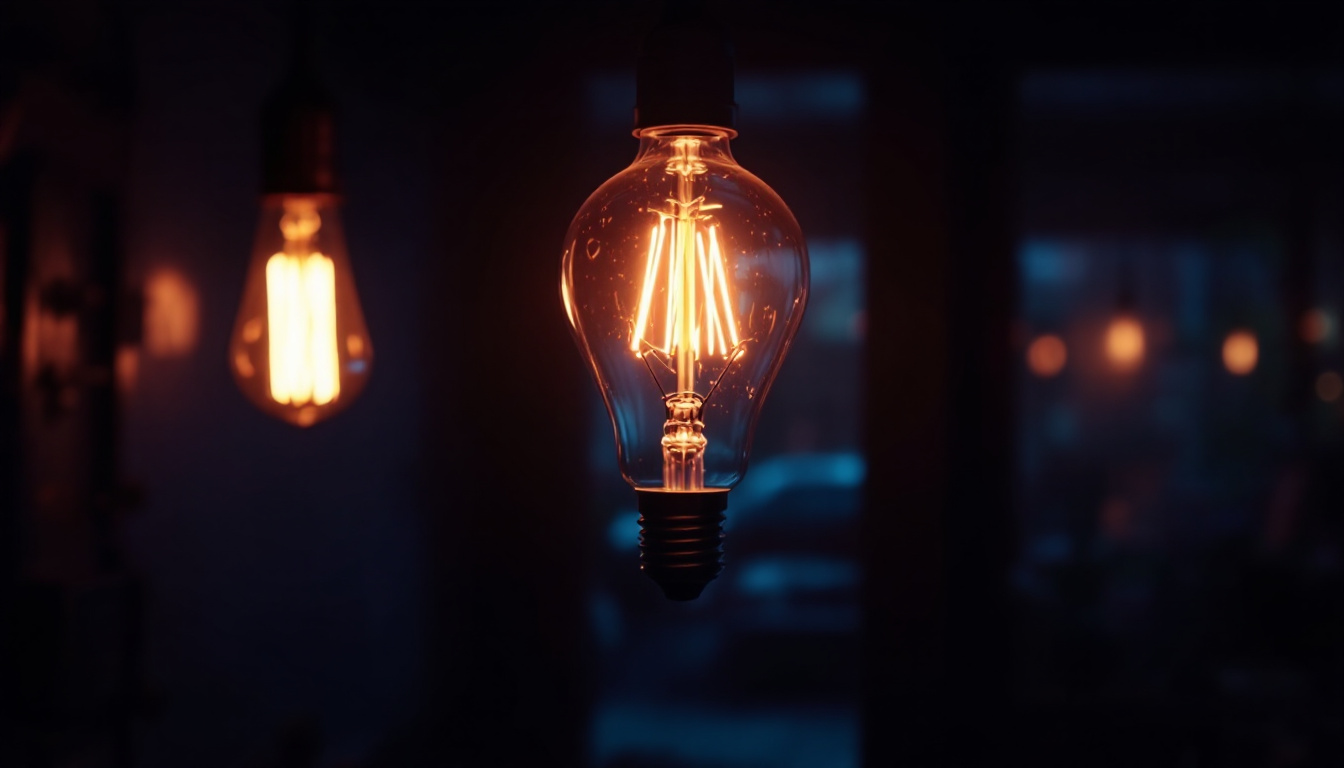 A photograph of a vintage-style fluorescent light bulb illuminated in a dimly lit setting