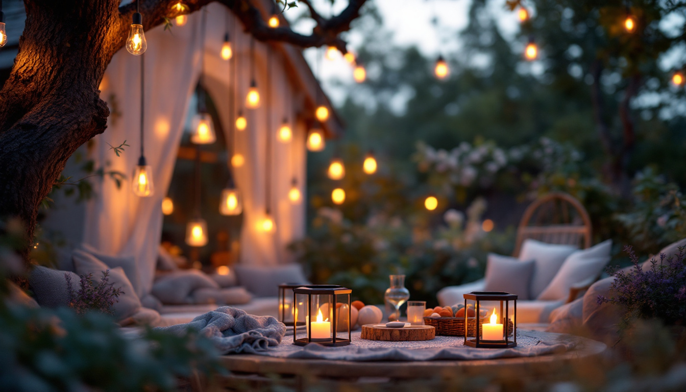 A photograph of a beautifully arranged outdoor setting featuring solar-powered hanging lanterns softly illuminating a cozy gathering space