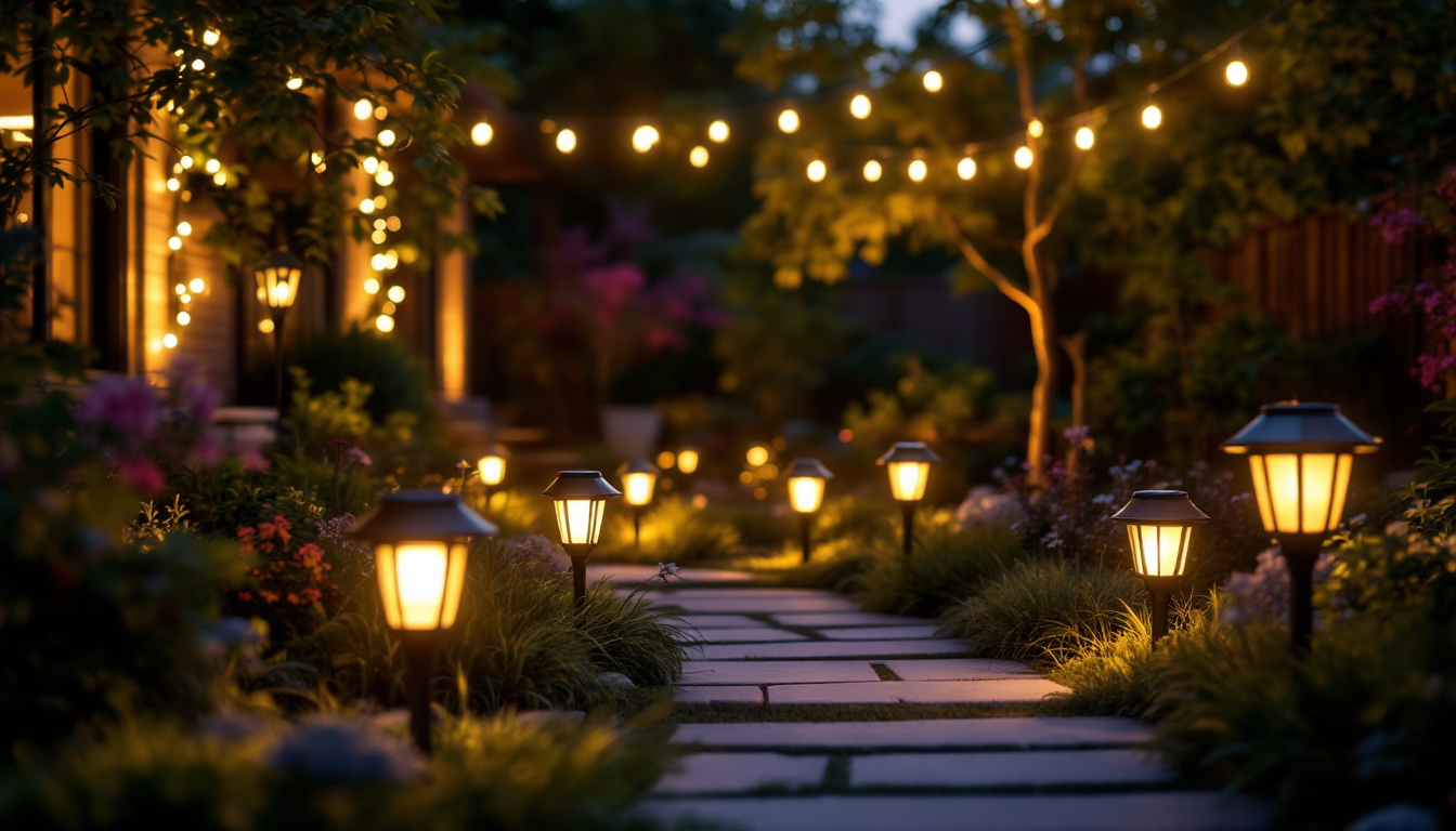 A photograph of a beautifully illuminated outdoor space featuring a variety of top-rated solar outdoor lights in use