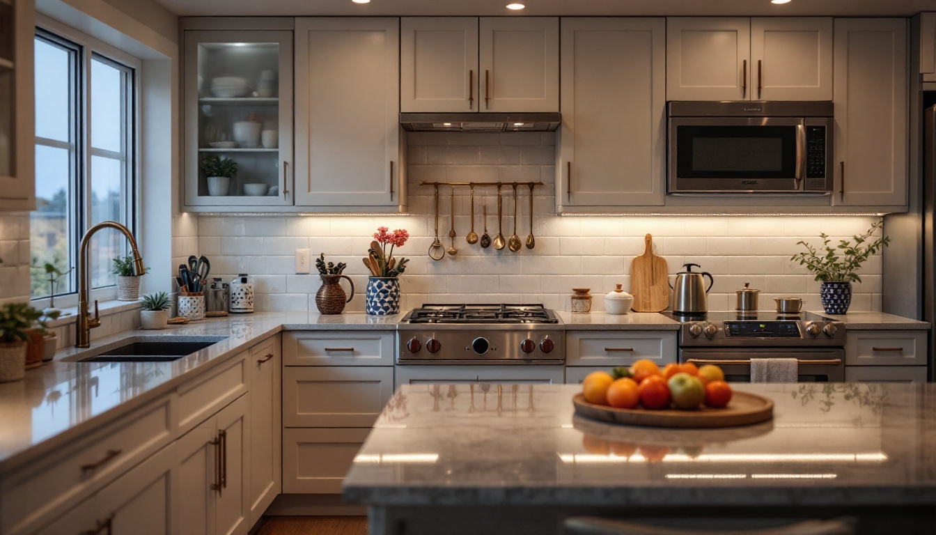 A photograph of a beautifully designed kitchen showcasing various styles of under-cabinet lighting in action
