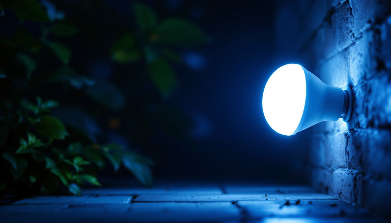 A photograph of a vibrant led flood bulb illuminating a dark outdoor space
