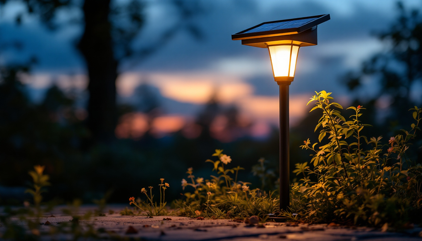 A photograph of a beautifully designed solar led lamp illuminated at dusk