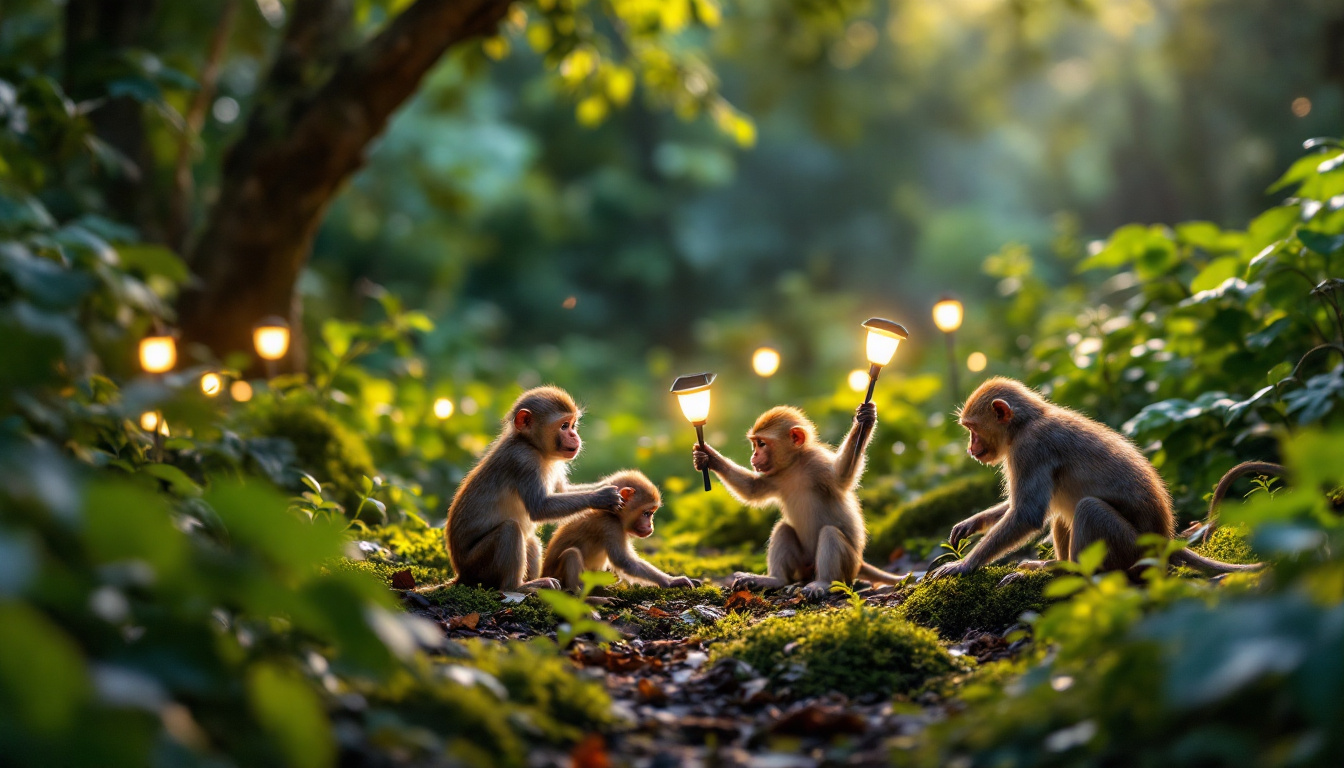 A photograph of a vibrant scene featuring playful monkeys interacting with solar-powered lights in a lush