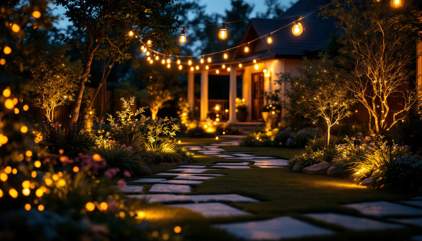 A photograph of a beautifully illuminated outdoor space featuring various led light fixtures