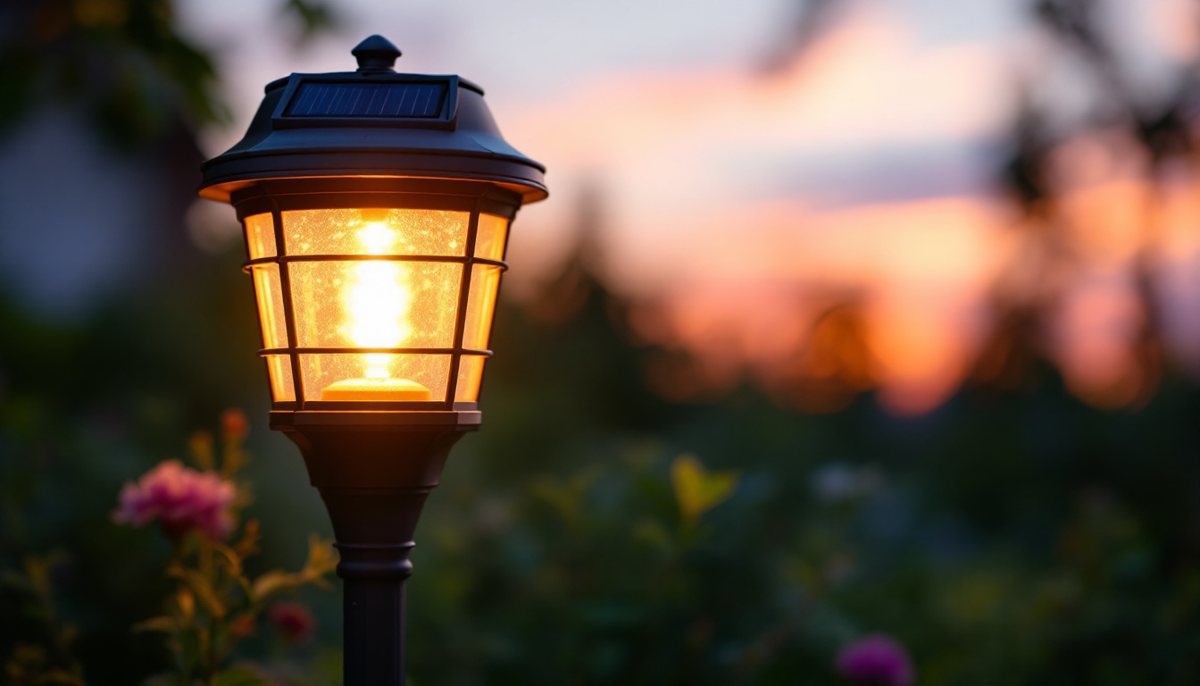 A photograph of a dollar tree solar lamp illuminated at dusk
