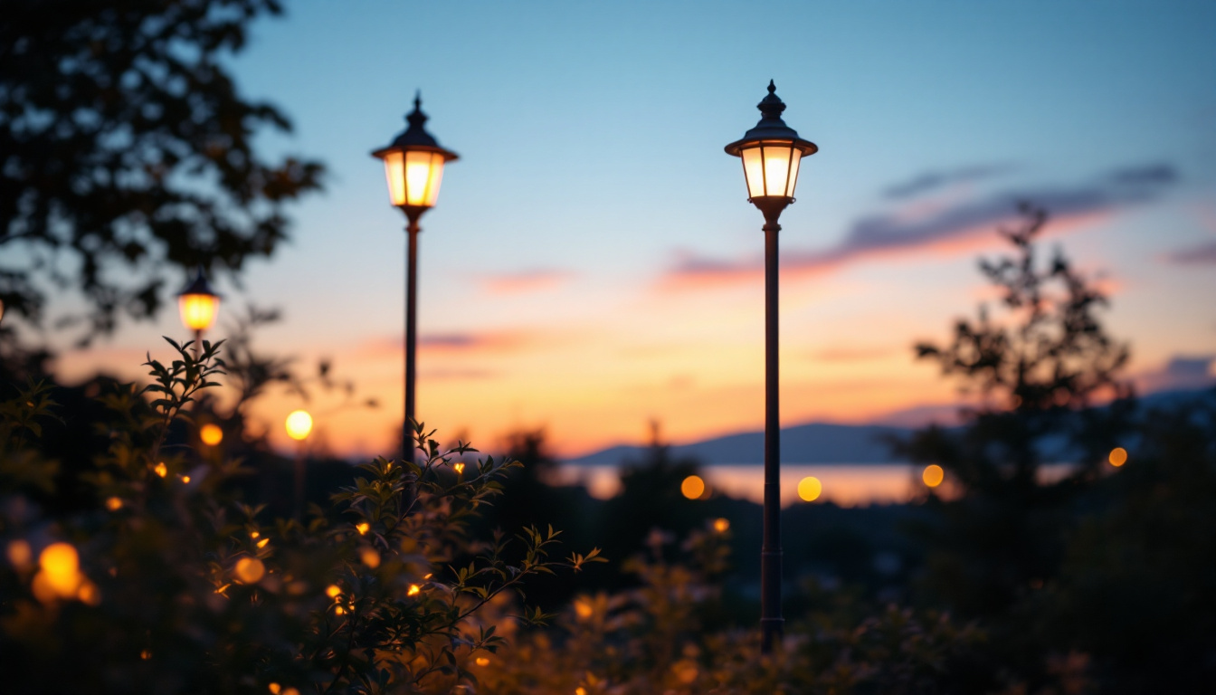 A photograph of a beautifully illuminated lamp post adorned with solar lights in a serene outdoor setting during twilight