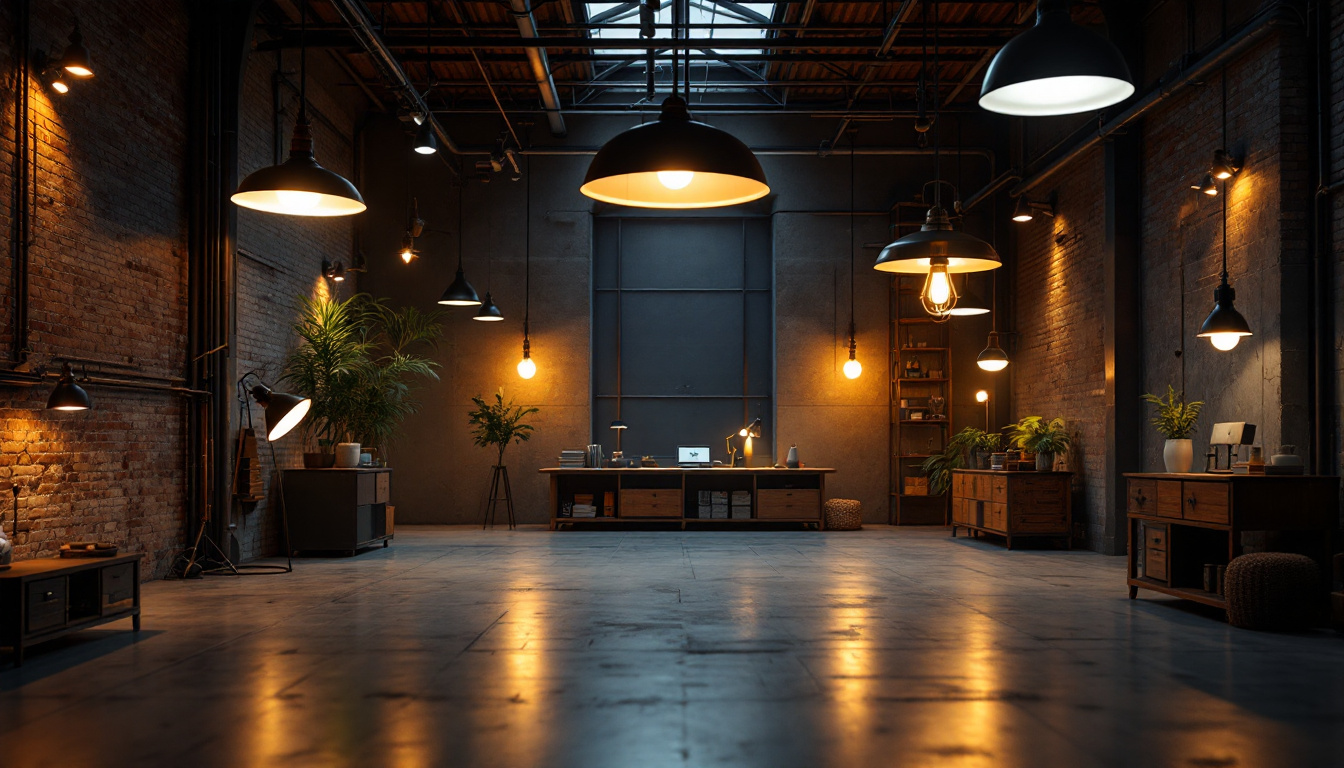 A photograph of a well-lit industrial space showcasing various types of industrial lighting fixtures