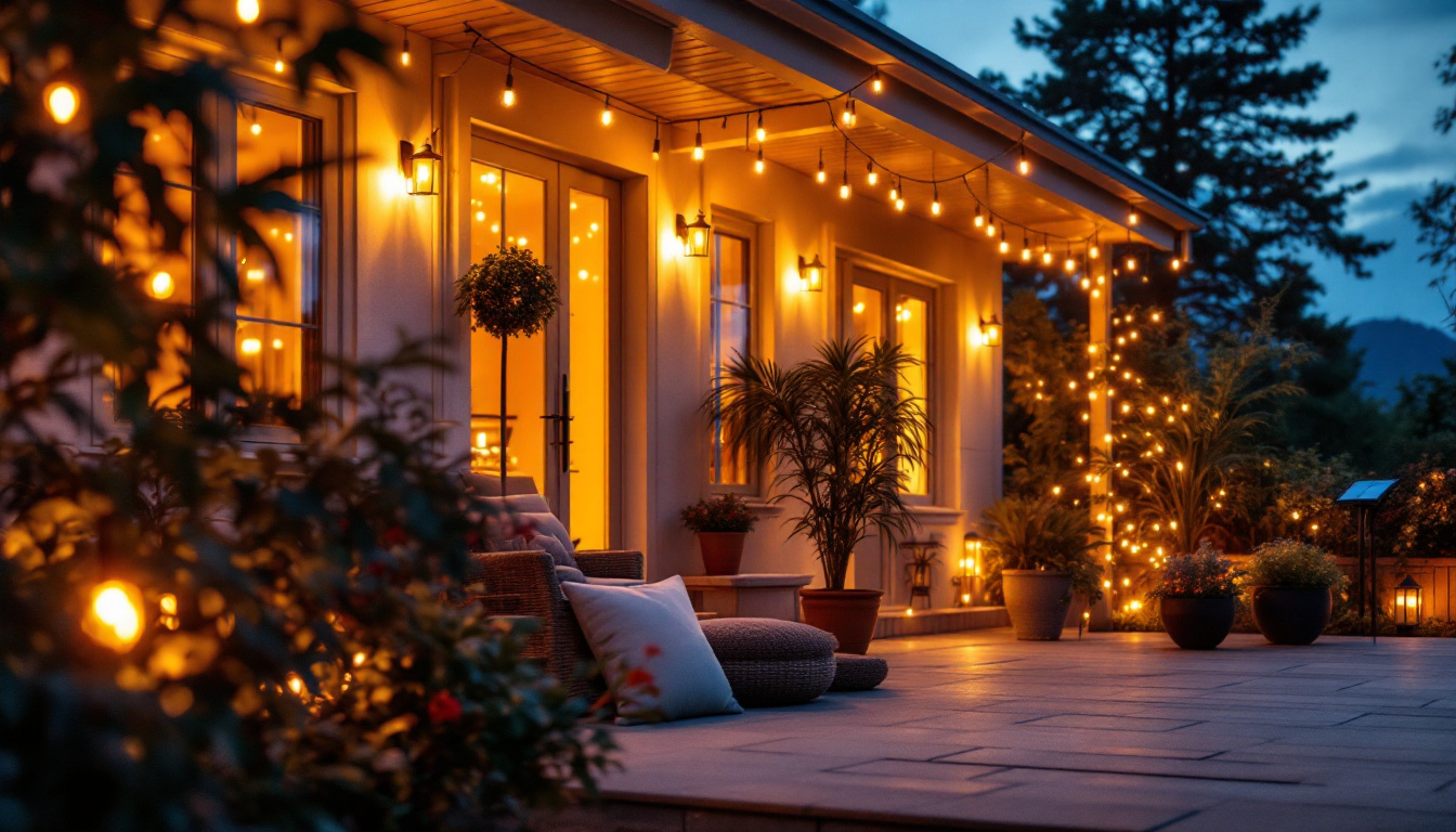 A photograph of a beautifully illuminated patio at dusk