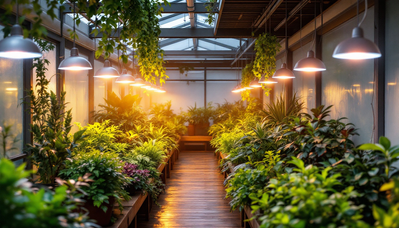 A photograph of a well-lit greenhouse featuring various plants under ip65 wet-rated lighting fixtures
