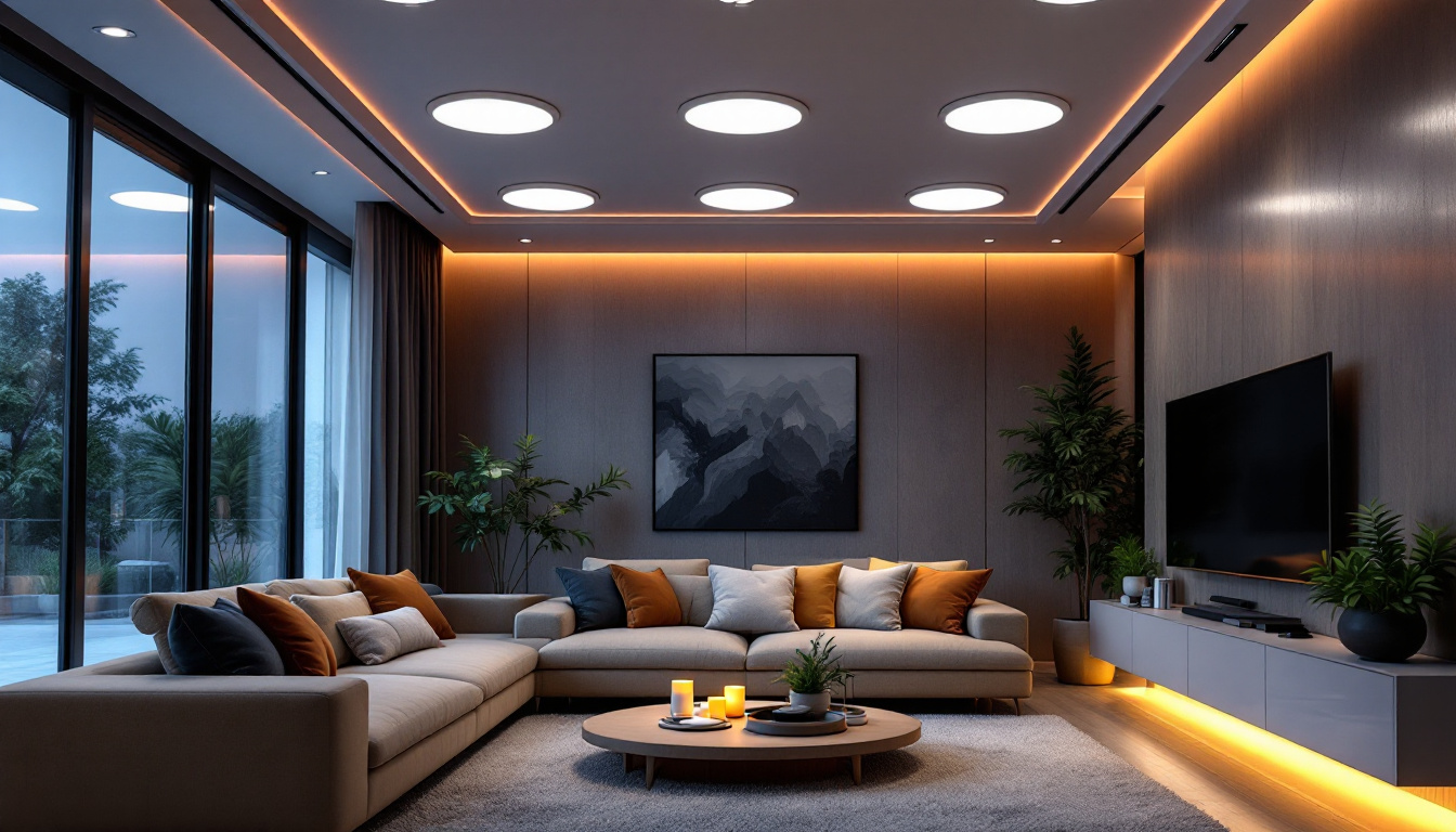 A photograph of a modern living space showcasing vibrant led replacement pot lights installed in the ceiling
