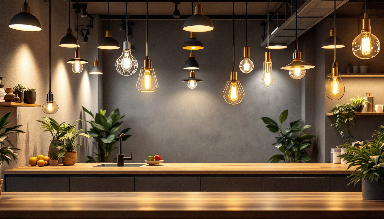 A photograph of a well-lit commercial space featuring a variety of modern lighting fixtures