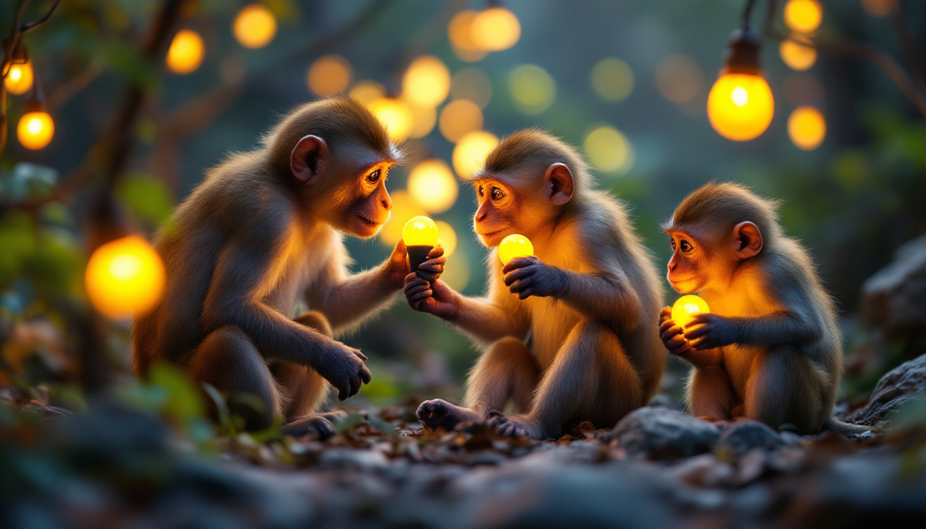 A photograph of a playful scene featuring monkeys interacting with solar lights in a natural setting