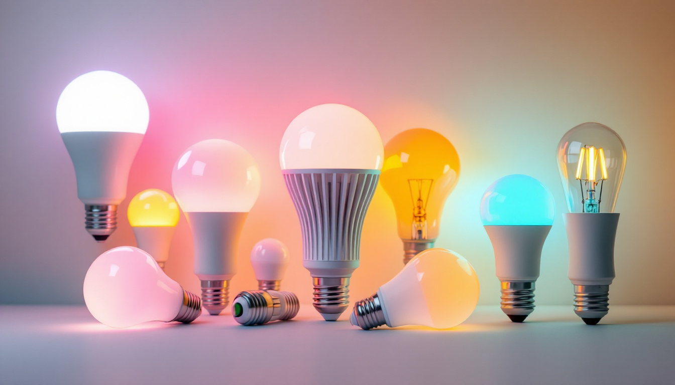 A photograph of a variety of led light bulbs in different shapes and colors