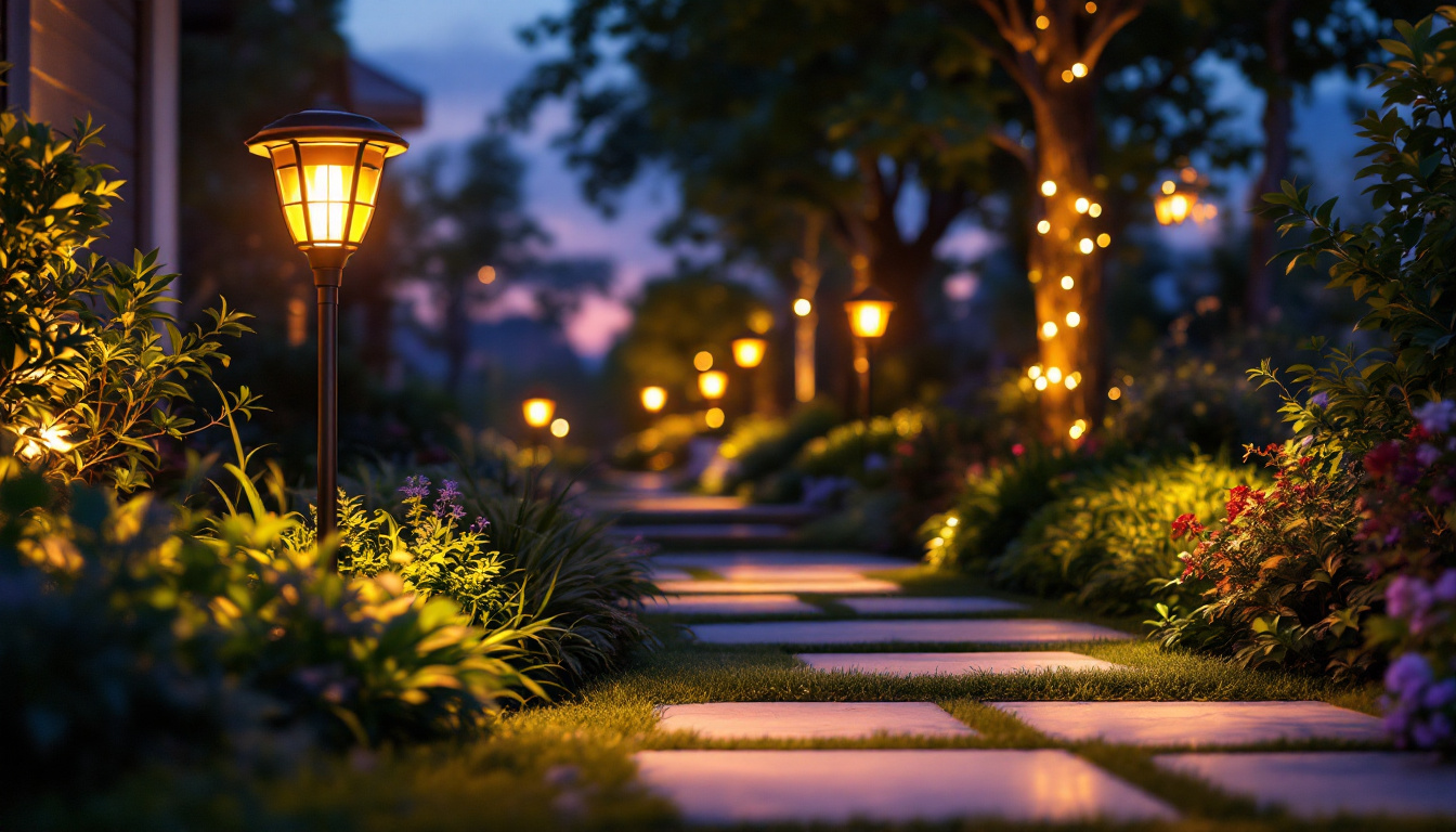 A photograph of a beautifully illuminated outdoor garden scene at dusk