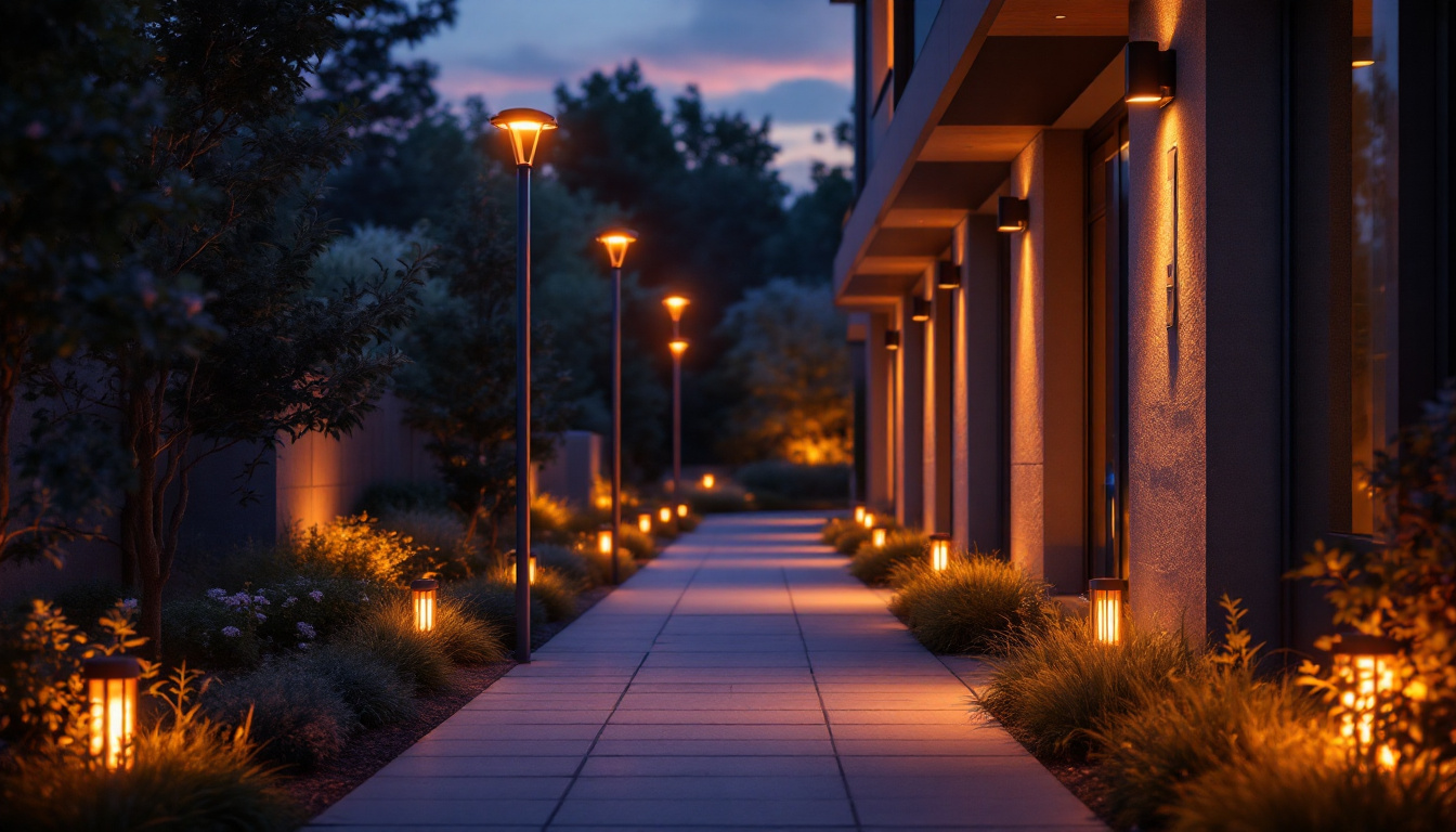 A photograph of a well-lit outdoor space featuring a variety of led security lights in action
