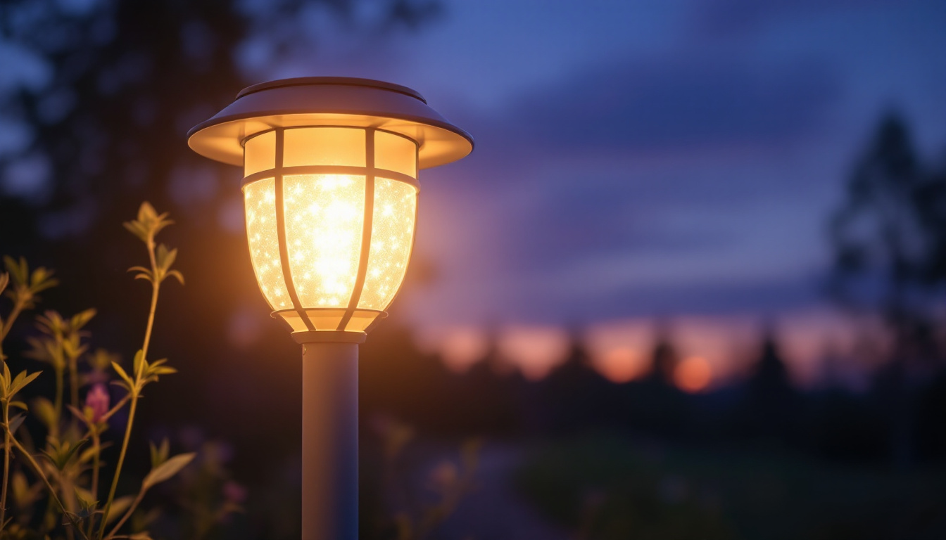 A photograph of a beautifully illuminated solar post light fixture in a serene outdoor setting during twilight