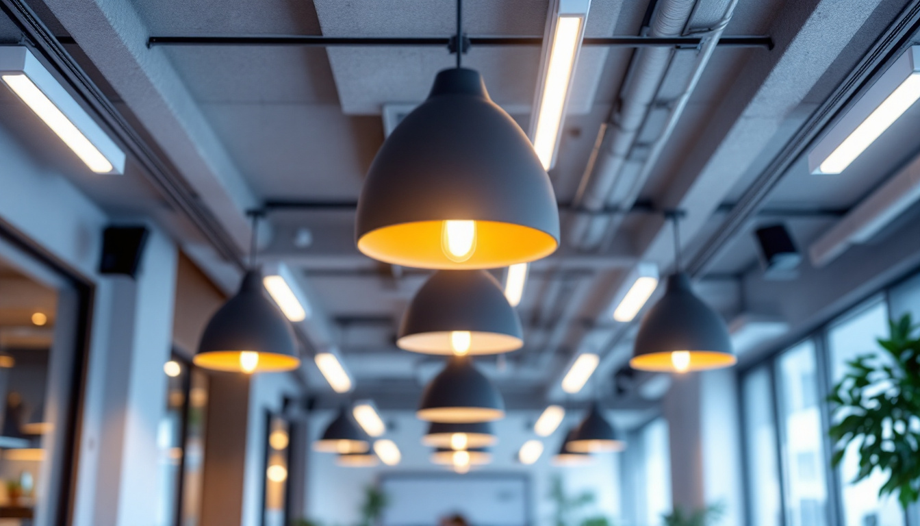 A photograph of a modern office space featuring stylish ceiling lights that highlight the ambiance and functionality of the workspace