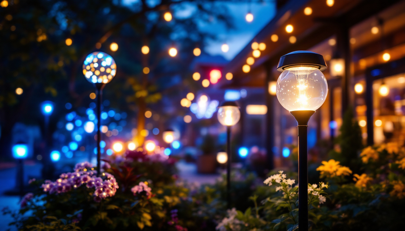 A photograph of a beautifully illuminated outdoor space featuring a variety of solar lights in action