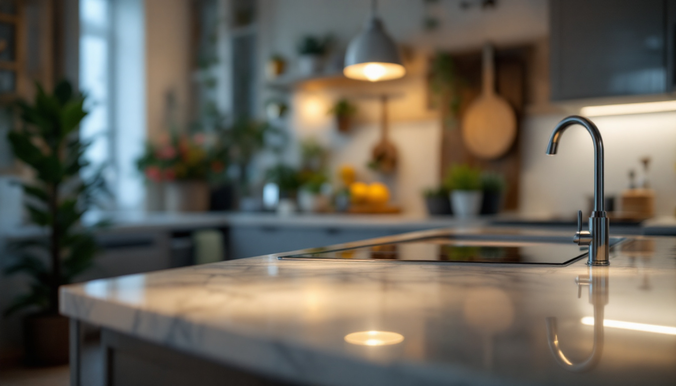 A photograph of a beautifully lit kitchen featuring stylish under counter lights that highlight the countertops and create an inviting atmosphere