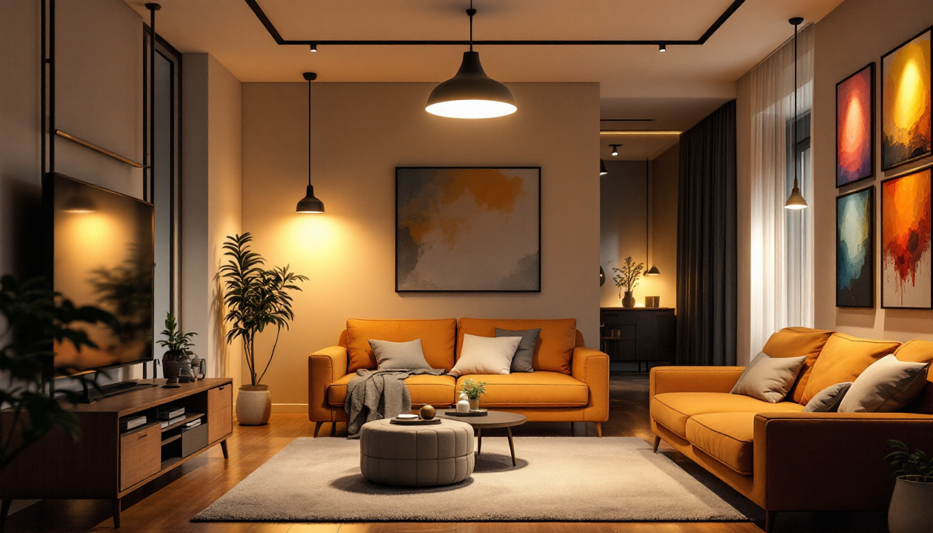 A photograph of a well-lit interior space showcasing various types of lighting fixtures at different brightness levels