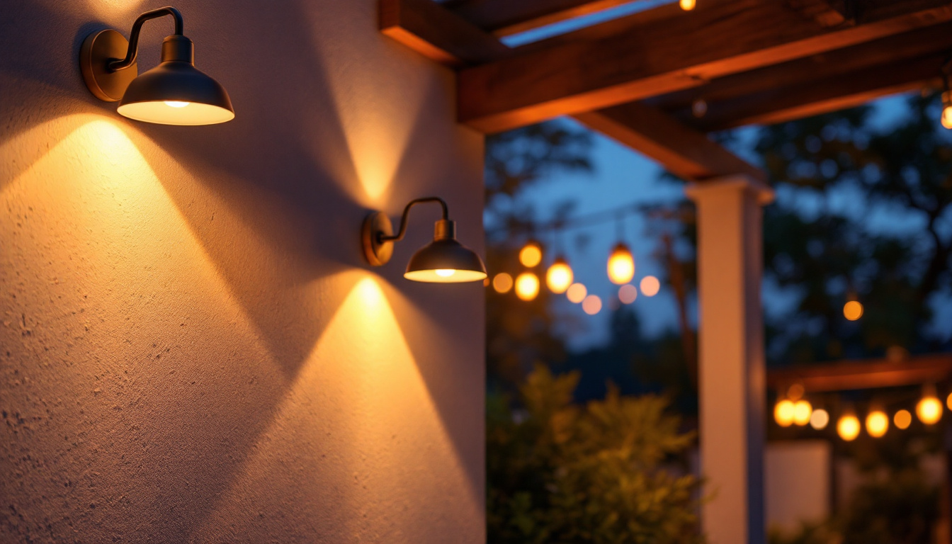A photograph of a beautifully lit outdoor space featuring an array of stylish wall hanging lights