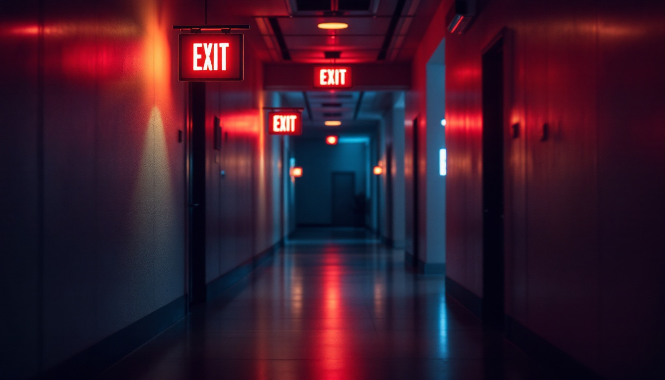 A photograph of a dimly lit corridor featuring illuminated exit signs