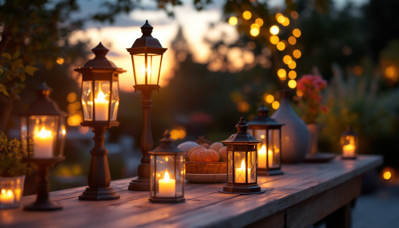 A photograph of a beautifully arranged outdoor setting featuring various styles of post lanterns illuminated at dusk
