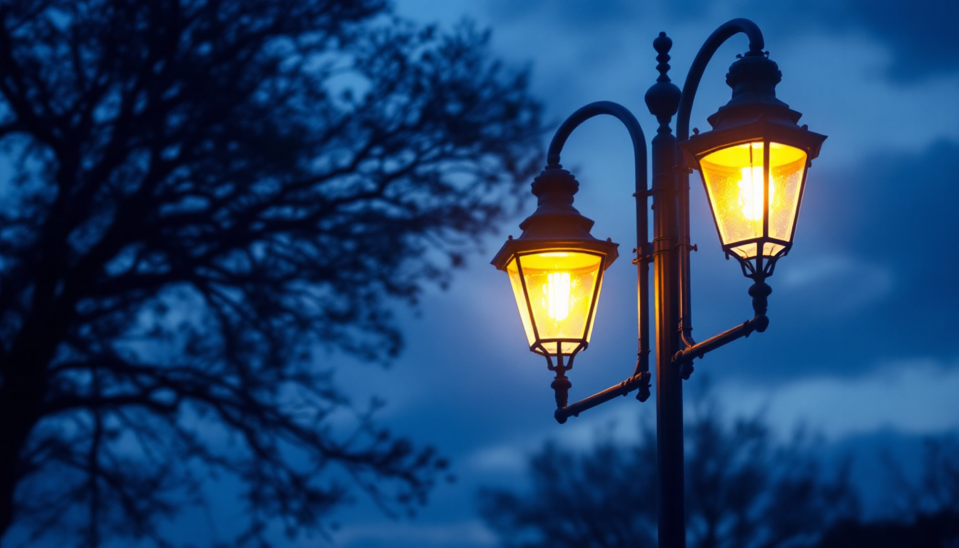 A photograph of a street light illuminating a quiet urban street at dusk