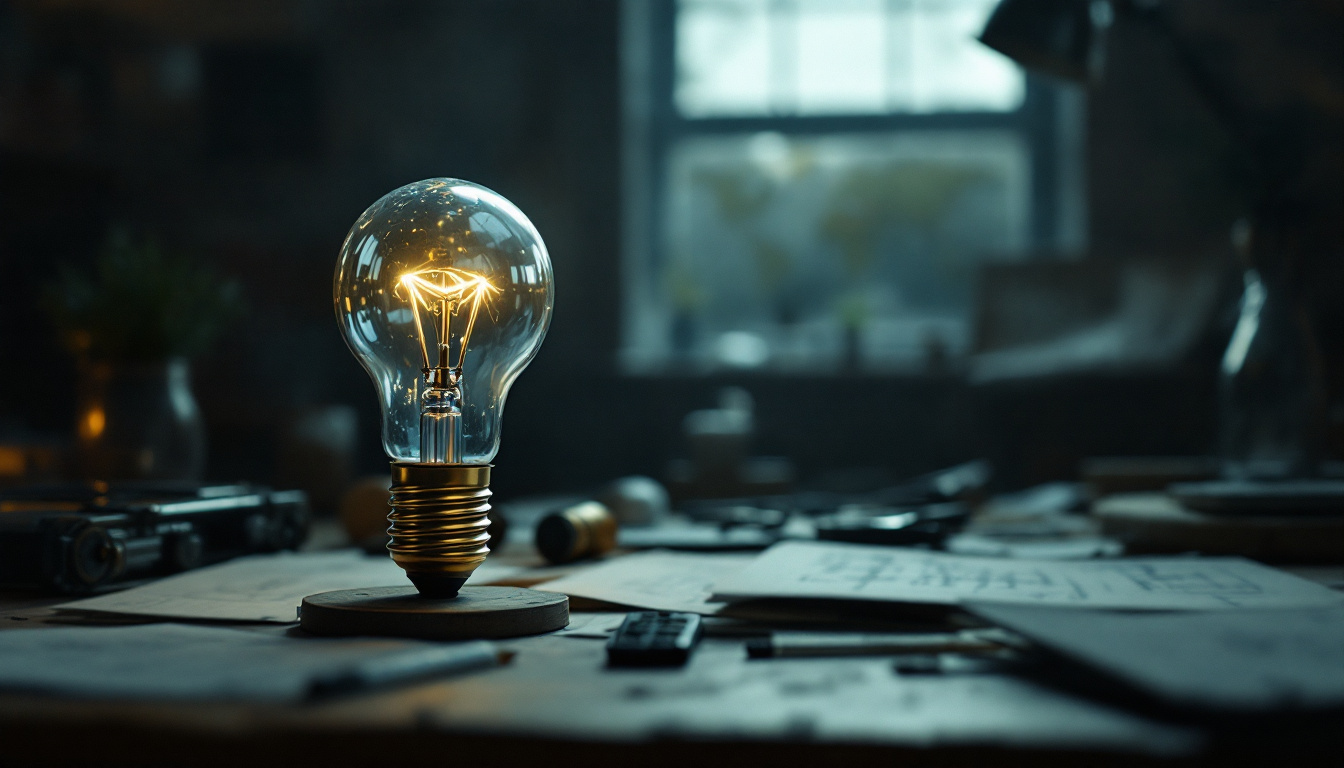 A photograph of a vintage-style workspace featuring an early light bulb prototype