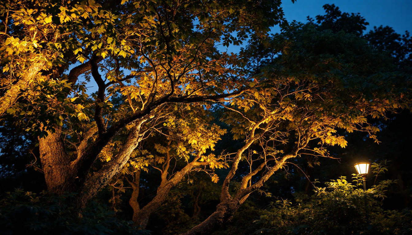 A photograph of a beautifully illuminated canopy of trees at dusk
