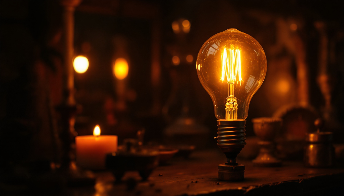 A photograph of a vintage-style light bulb glowing warmly in a dimly lit setting
