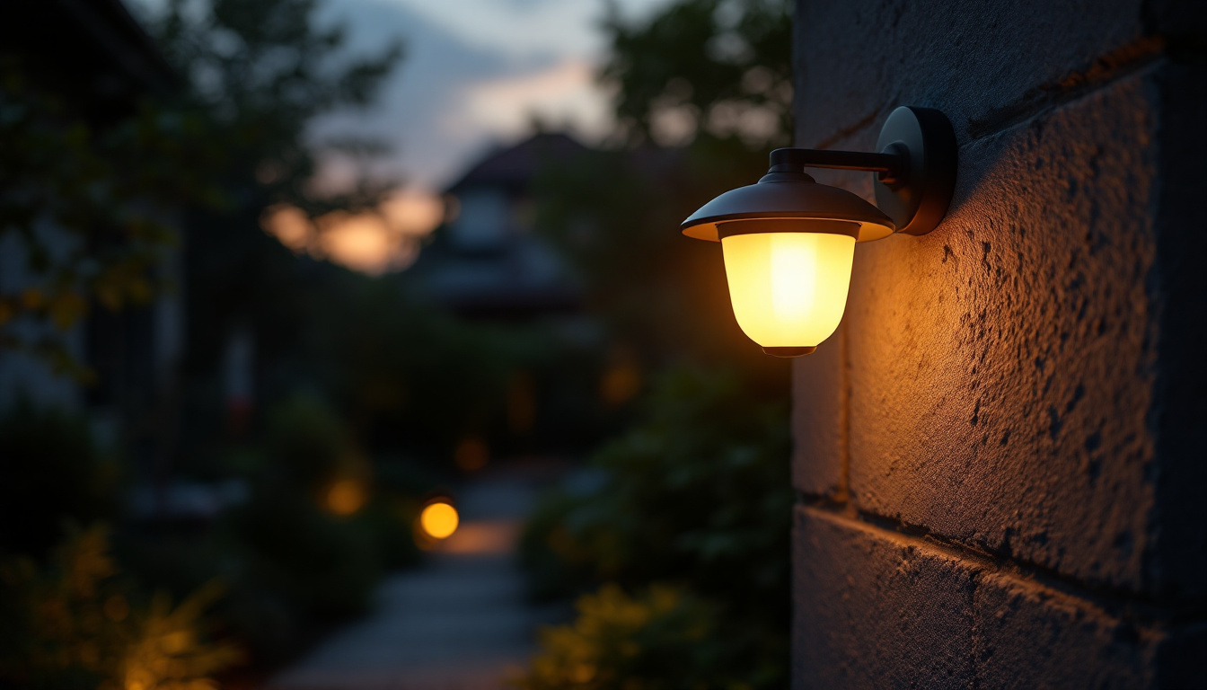 A photograph of an outdoor security lamp illuminating a dark garden or pathway at dusk