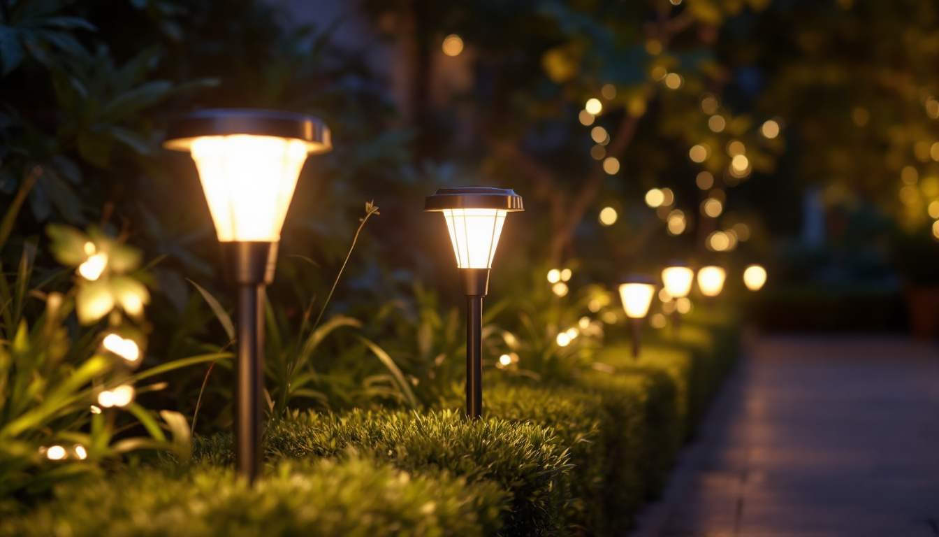 A photograph of a beautifully illuminated outdoor space featuring solar-powered led lights in various settings