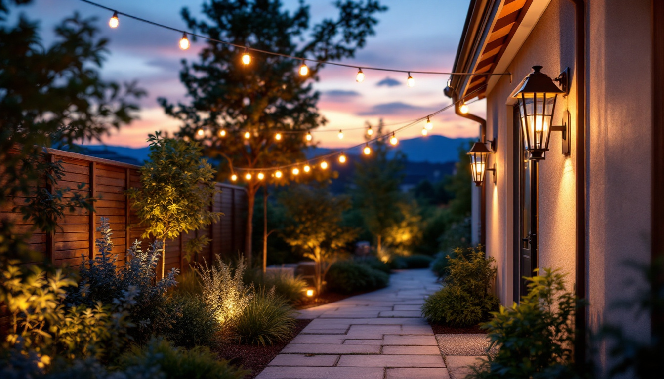 A photograph of capture a photograph of a beautifully illuminated outdoor space transitioning from the warm glow of dusk to the soft ambiance of night
