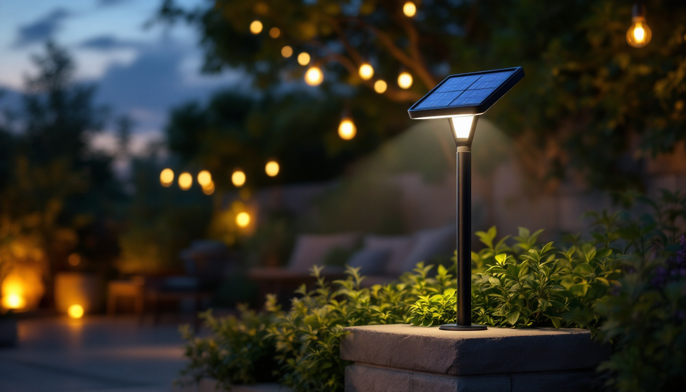 A photograph of a beautifully illuminated outdoor scene featuring a solar led lamp in use at dusk
