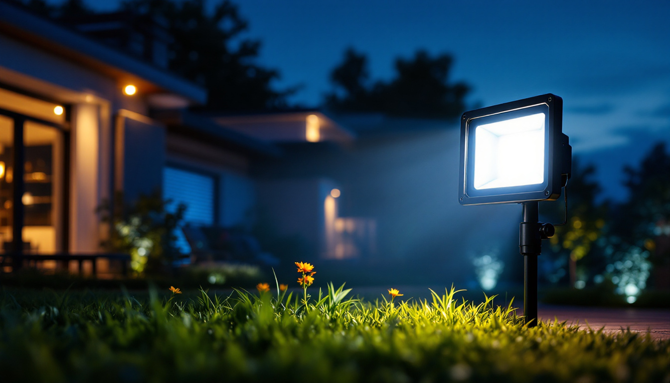 A photograph of a vibrant outdoor scene illuminated by a powerful led floodlight