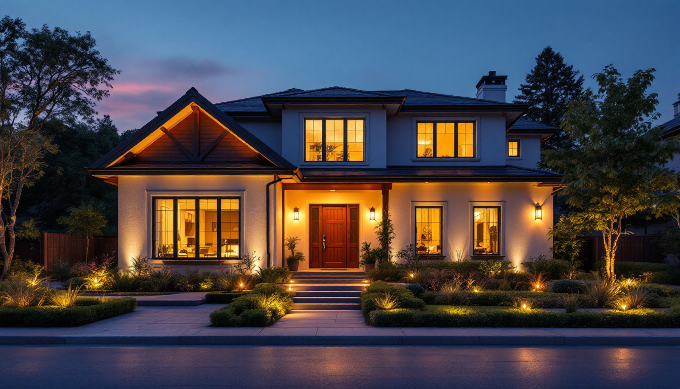 A photograph of a beautifully illuminated outdoor house facade at dusk
