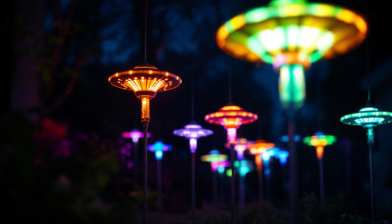 A photograph of a vibrant night scene featuring various ufo-shaped led lights illuminating a dark outdoor setting