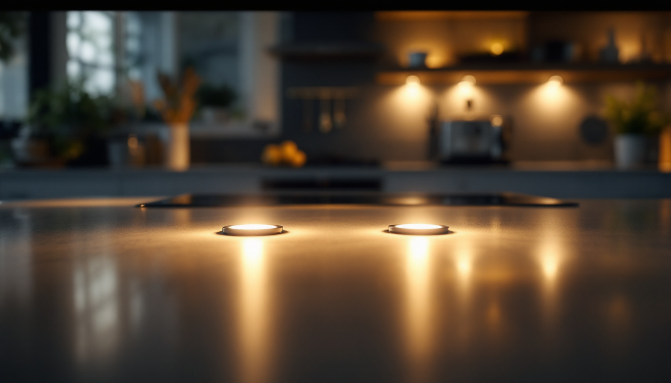 A photograph of a brightly lit under-counter kitchen scene featuring high-lumen puck lights in action