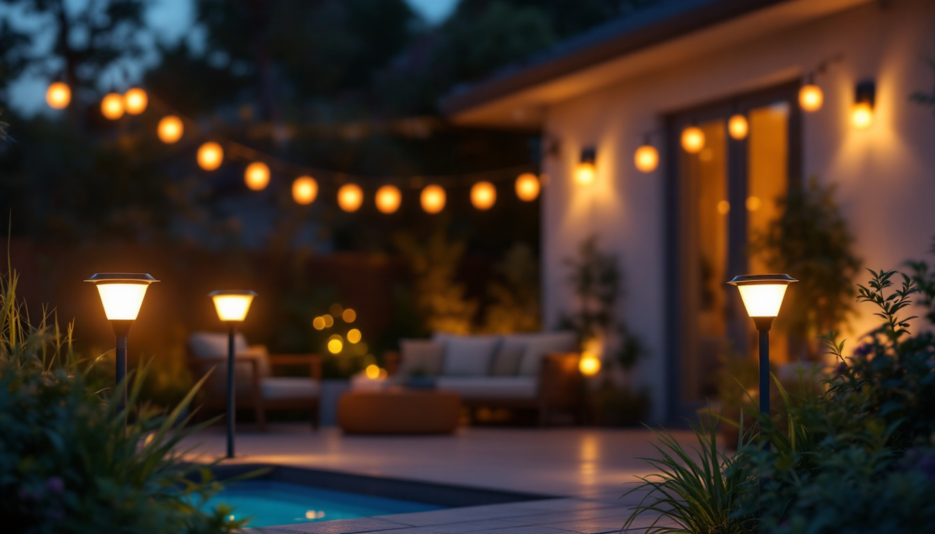 A photograph of a beautifully illuminated patio at dusk