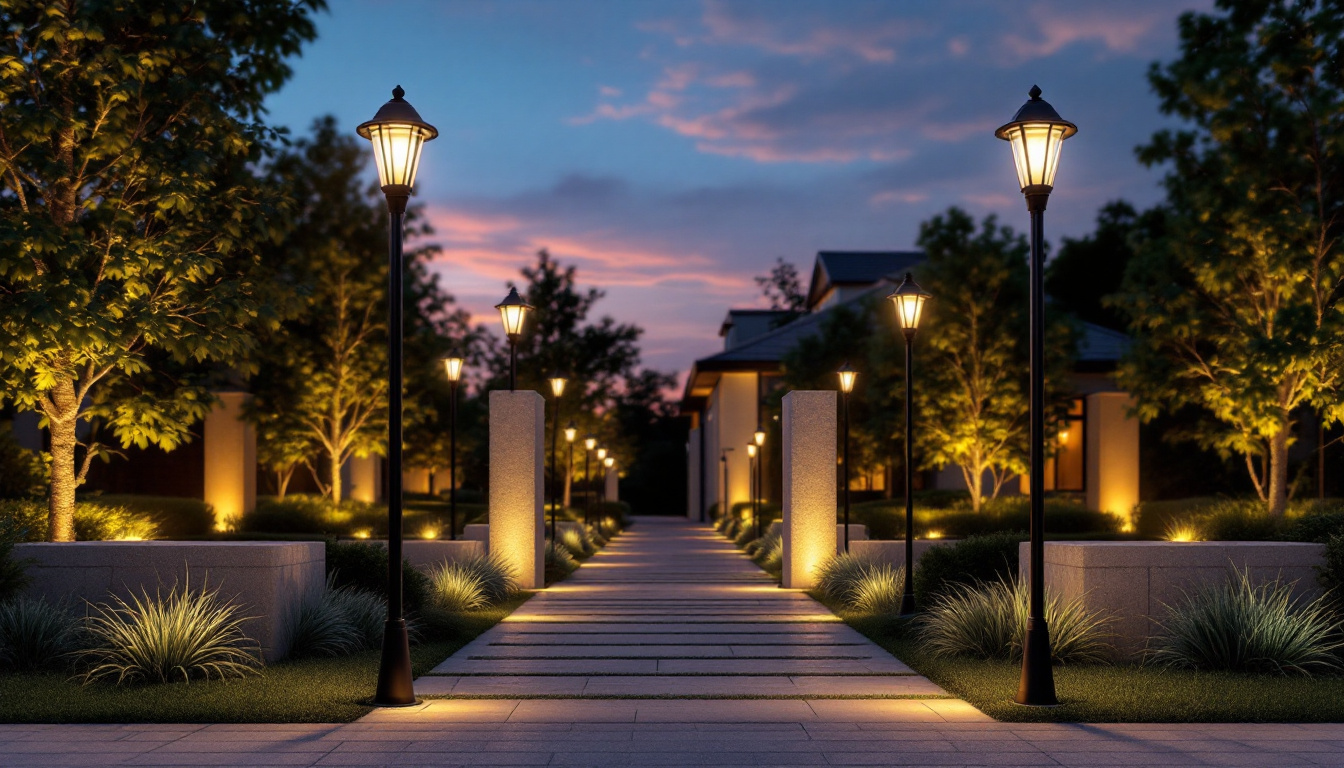A photograph of capture a photograph of a beautifully illuminated outdoor space featuring various styles of post lighting fixtures