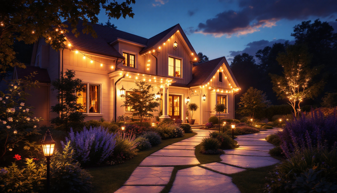 A photograph of a beautifully illuminated outdoor space featuring various styles of house lights