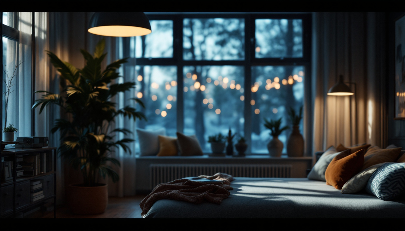 A photograph of a beautifully lit scene that showcases the interplay of natural and artificial light