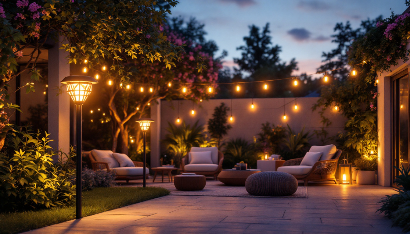 A photograph of a beautifully lit outdoor space featuring a variety of solar lights in use
