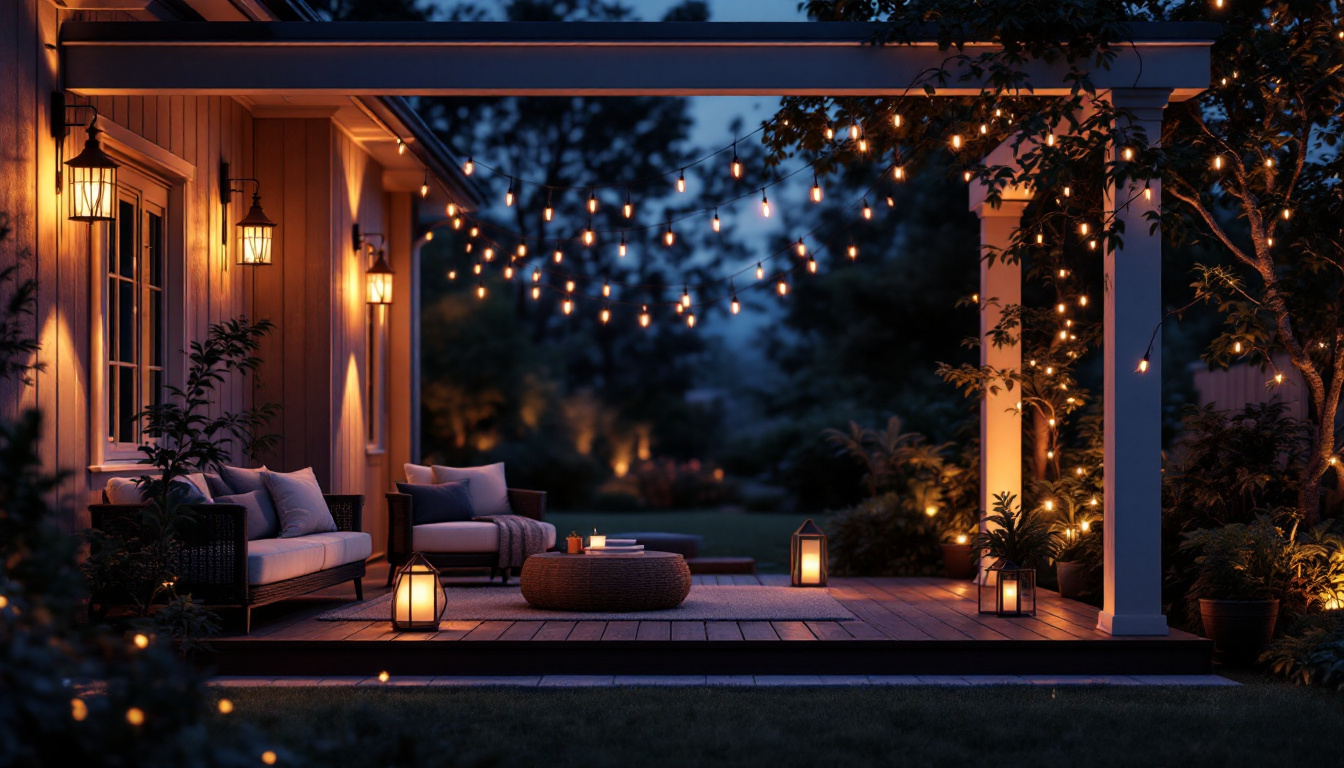A photograph of a beautifully illuminated porch at dusk