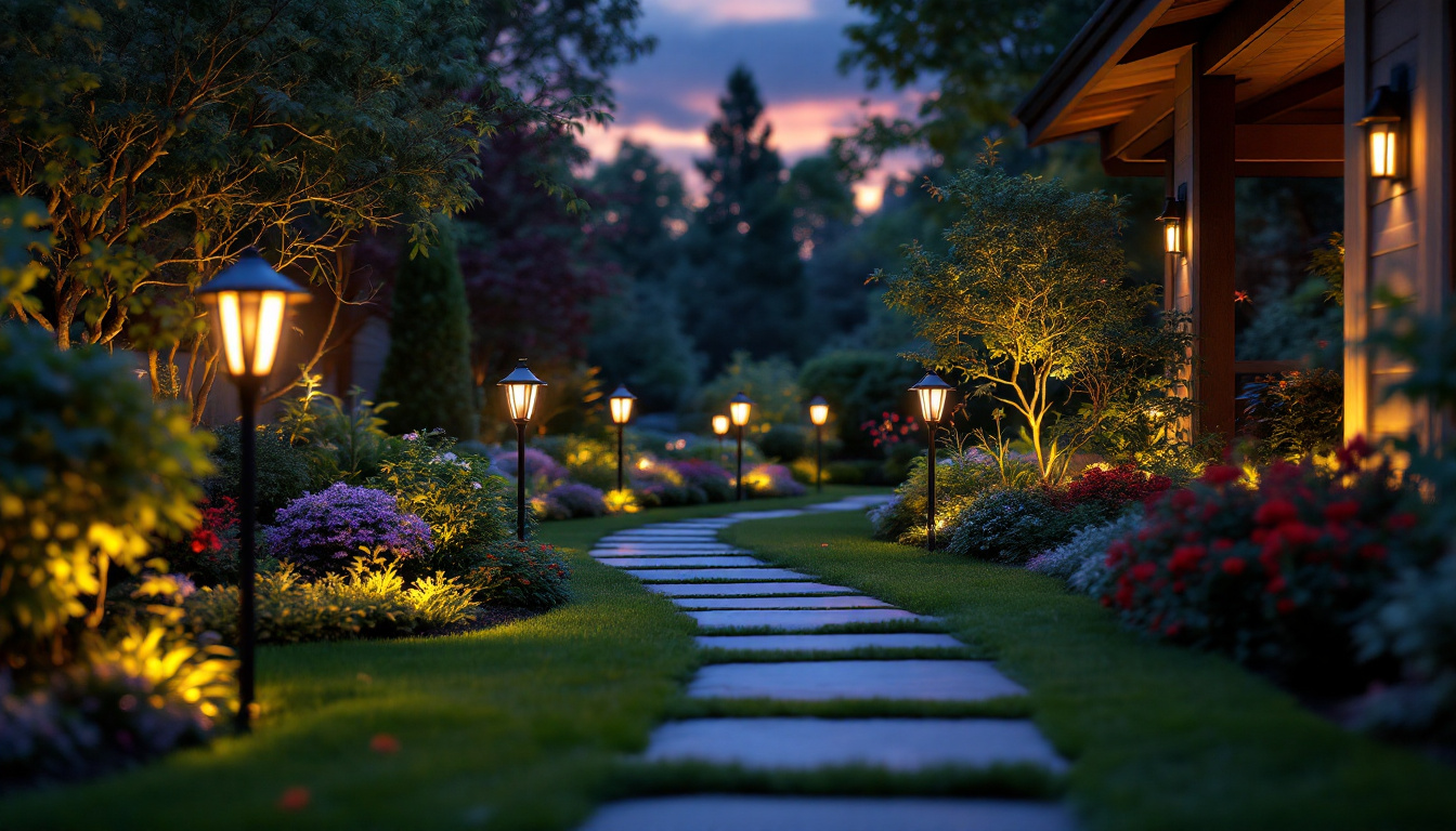 A photograph of a beautifully landscaped garden at dusk