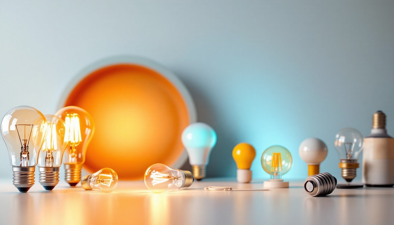 A photograph of a stylishly arranged scene featuring various types of light bulbs