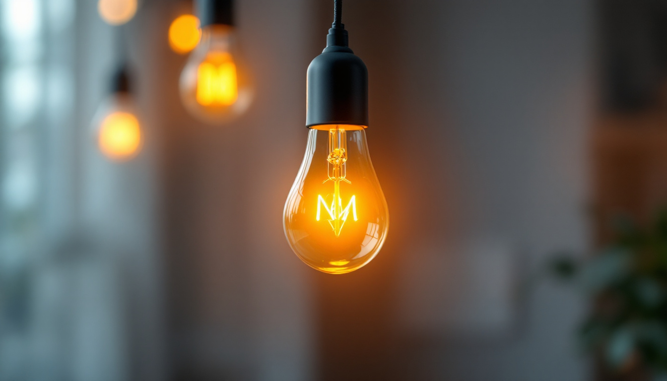 A photograph of a modern led light bulb illuminating a cozy