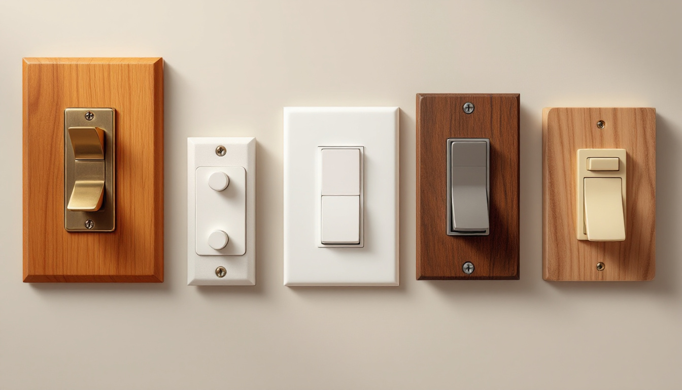 A photograph of a variety of light switches made from different materials