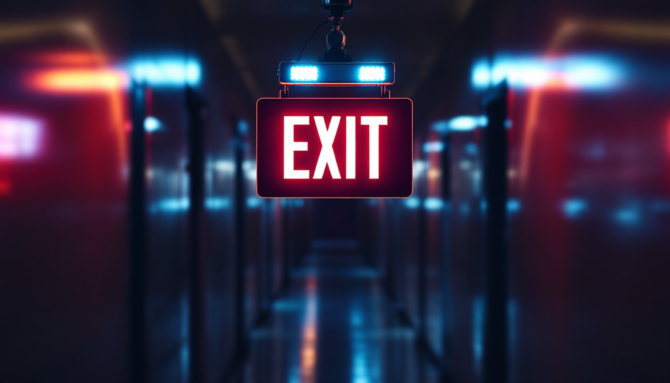 A photograph of a well-lit exit sign with emergency lights illuminated in a dimly lit hallway